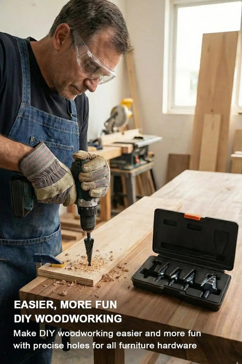Man using drill with Four Spiral Flute Step Drill Bit Set From Eighth Inch To One And Three Eighths Inch Five Pieces HSS Unibits