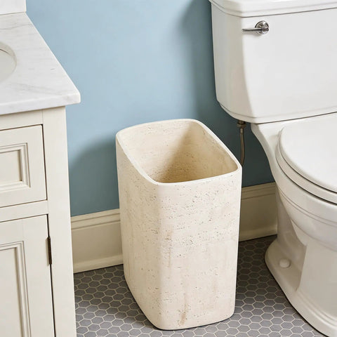 Natural Travertine Textures Tiny Trash Can 1.8 Gallon Bathroom Space Saver Garbage Bin next to toilet and vanity