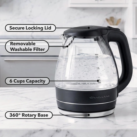 1.5L Borosilicate Glass Electric Kettle With Auto Shut Off, Boil Dry Protection, BPA Free, Removable Washable Spout Filter, Black Finish