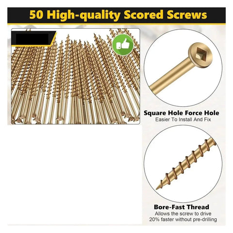 Wood Floor Repair Kit For Under Carpet Squeak No More With 5 Tools And 50 Screws showing high-quality scored screws with square hole.