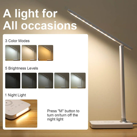 LED Desk Lamp With Wireless Charging And USB Port, Dimmable Eye Care Light With 5 Brightness Levels and Touch Control displayed