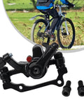 Rock Solid Mechanical Disc Brake Set With Dual Piston Calipers And Six Bolt Rotor showing black aluminum caliper with mounting screws.