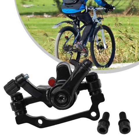 Rock Solid Mechanical Disc Brake Set With Dual Piston Calipers And Six Bolt Rotor showing black aluminum caliper with mounting screws.