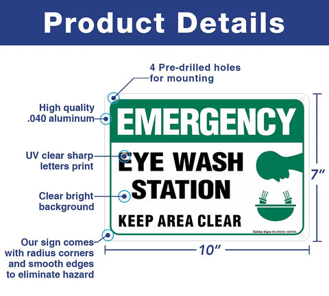 Two Pack Emergency Eye Wash Station Sign Keep Area Clear Sign 10 By 7 Inches Rust Free Aluminum UV Protected Weather Resistant