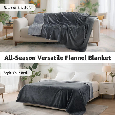 Waterproof Reversible Flannel Bed Blanket 60x80 Twin Size on couch and bed, gray, for pets and kids, shown in living room and bedroom.