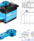 Front view of Feetech blue aluminum digital RC servo with blue horn; 180° rotation for 1/8–1/10 RC cars.
