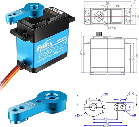 Front view of Feetech blue aluminum digital RC servo with blue horn; 180° rotation for 1/8–1/10 RC cars.