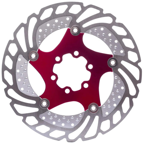 Front view of YBEKI floating disc brake rotor with red carrier and dual gray rings, 6-bolt mounting