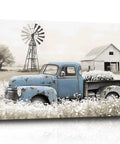 Rustic Countryside Barn Canvas Wall Art Featuring Blue Rusty Old Pickup Truck, White Flower Meadow, Windmill and Barn Backdrop For Farmhouse Decor, Vintage Country Vibe Print, 24x16 Inches