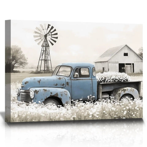 Rustic Countryside Barn Canvas Wall Art Featuring Blue Rusty Old Pickup Truck, White Flower Meadow, Windmill and Barn Backdrop For Farmhouse Decor, Vintage Country Vibe Print, 24x16 Inches