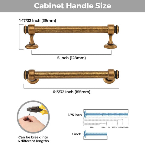 Antique Brass Aluminum Cabinet Handles 2 Pack With 5 Inch Hole Center Drawer Pulls size details and screws shown