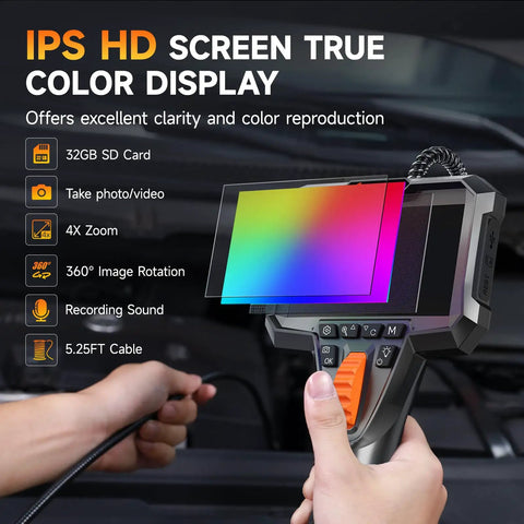 Slim 0.25 Inch Dual Lens Articulating Borescope with IPS HD screen displaying color range in use for inspection