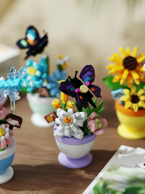 Sunflower Bee Mini Flower Bonsai Building Toy Set For DIY Nature Garden Decor With Colorful Blossoms Bees Dragonflies And Butterflies Creative Blocks Play Kit For Kids And Hobbyists To Build A Serene Mini Landscape, butterfly and flower pot display