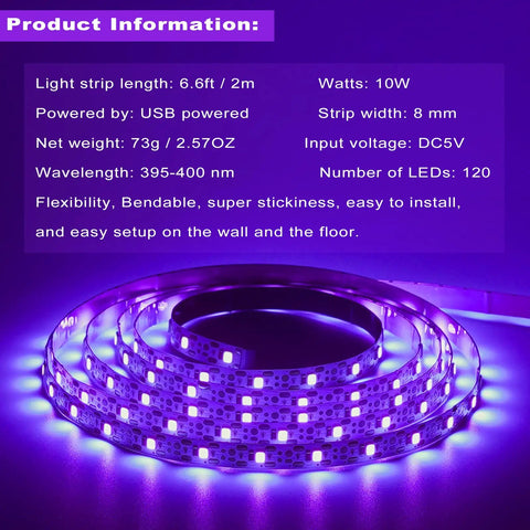 6.6ft Black Light LED Strip With 120 LEDs USB Powered 5V 1.5m Cable Flexible Non Waterproof UV Light Kit and specs