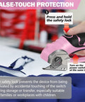 Cordless Electric Scissors For Crafting And DIY Projects With LED Light 4V close-up of pink handle and titanium blades cutting fabric
