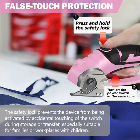 Cordless Electric Scissors For Crafting And DIY Projects With LED Light 4V close-up of pink handle and titanium blades cutting fabric