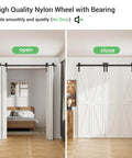 9 Ft Bi Fold Sliding Barn Door Hardware Kit With 108 Inch Rail For Four Doors Up To 26.5 Inches Wide Heavy Duty Steel Roller Hanger System With Quiet Nylon Wheels And 330 Lb Weight Capacity No Door Included shown installed and closed in a bedroom setup