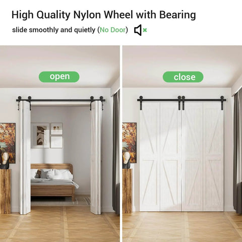 9 Ft Bi Fold Sliding Barn Door Hardware Kit With 108 Inch Rail For Four Doors Up To 26.5 Inches Wide Heavy Duty Steel Roller Hanger System With Quiet Nylon Wheels And 330 Lb Weight Capacity No Door Included shown installed and closed in a bedroom setup