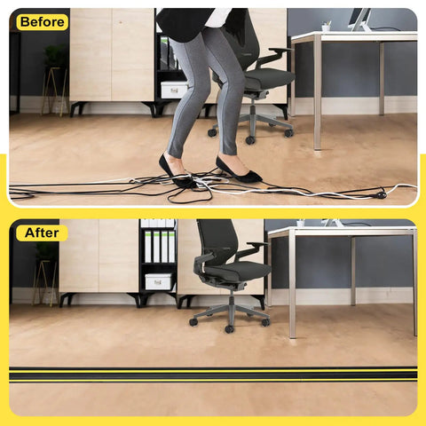 Before and after using 10 Ft Floor Cable Cover Protector Heavy Duty PVC Duct Easy To Unroll No Fuss Hide Cables At Home Office Or Outdoors