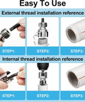 All In One PVC Pipe Threader Kit For Internal And External Threads On One Half, Three Quarter, And One Inch PVC PPR Pipes, Drill Compatible With A One Quarter Inch Hex Shank, Handy Storage Case Included step-by-step guide for use.