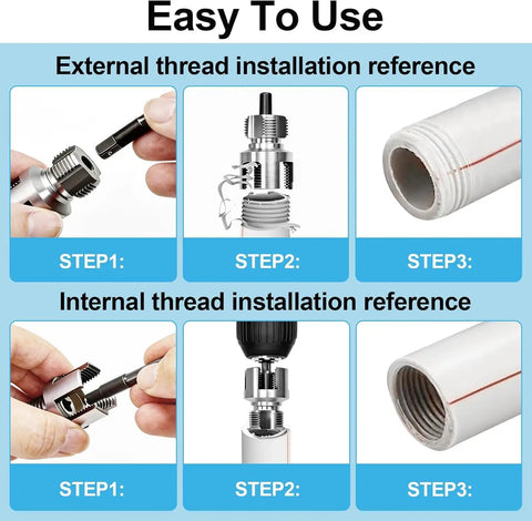 All In One PVC Pipe Threader Kit For Internal And External Threads On One Half, Three Quarter, And One Inch PVC PPR Pipes, Drill Compatible With A One Quarter Inch Hex Shank, Handy Storage Case Included step-by-step guide for use.