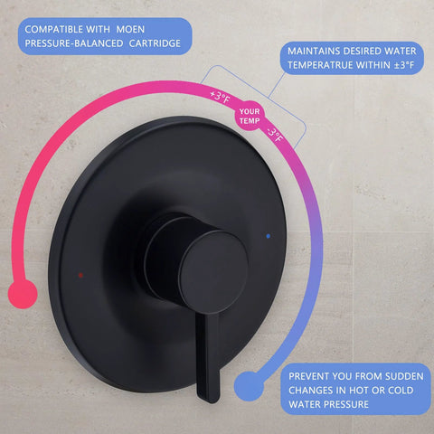 Matte black shower and tub trim kit with a single lever handle, compatible with Moen Posi-Temp valve.