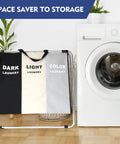 Laundry sorter organizer with dark, light, color sections next to washing machine in modern home setting.