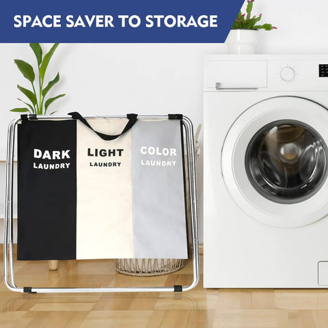 Laundry sorter organizer with dark, light, color sections next to washing machine in modern home setting.