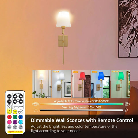 Wireless Battery Operated Wall Sconce Set Of 2 With Remote, 12 Color Dimmable LED Bulbs, Gold Finish, Indoor Fabric Shade