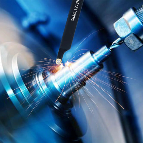 Close-up of an indexable lathe turning tool with carbide insert cutting metal on a blue lathe; sparks.