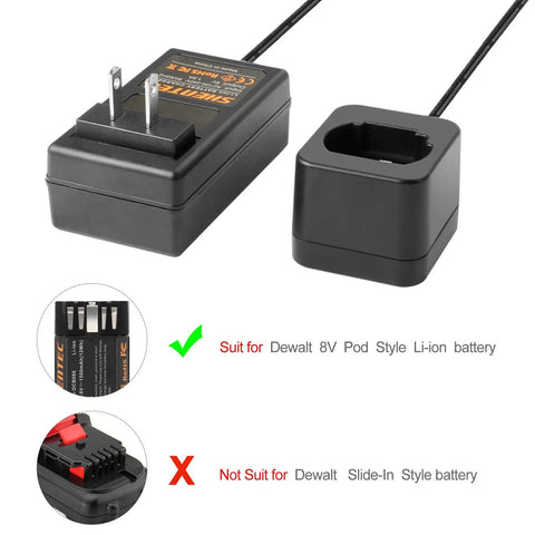 8V Li Ion Charger For Pod Style Battery Compatible With DCB080 DCF680N1 DW4390 DCF680N2 DCF680G2 shown with suitability icons