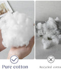 Comparison of fluffy pure cotton vs clumped recycled cotton fibers in a hand and on a surface, highlighting material differences.