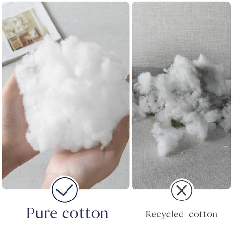 Comparison of pure cotton and recycled cotton for pillow inserts, showing pure cotton in hand and recycled cotton on table.