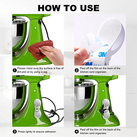 Stick On Small Appliance Cord Organizer 4 Pack step-by-step usage on a green mixer, showing cleaning and application process