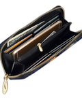 Inside view of a stylish wallet showing cash and cards, featuring a zippered pocket for secure storage.