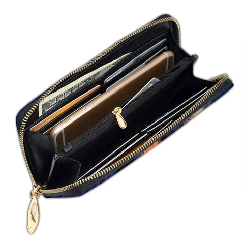 Inside view of a stylish wallet showing cash and cards, featuring a zippered pocket for secure storage.