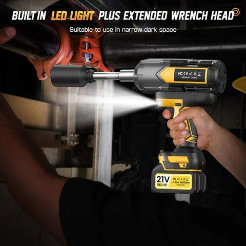 Badass Cordless Impact Wrench Cracks 1200 Nm Legit Torque 1/2 Inch Brushless Impact Gun Kit with built-in LED light for dark spaces.
