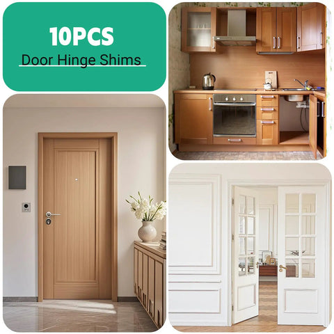 10 Pack Black Door Hinge Shims, 3.5 Inch Spacers, Trimable to Eliminate Gaps and Sticking Doors, shown in home settings.