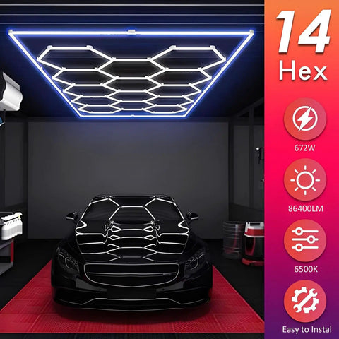 Geometric Hexagon Garage LED Light Panels With Blue Frame No-Fuss Install Ultra Bright 6500K 672W 14 Grid Honeycomb Ceiling