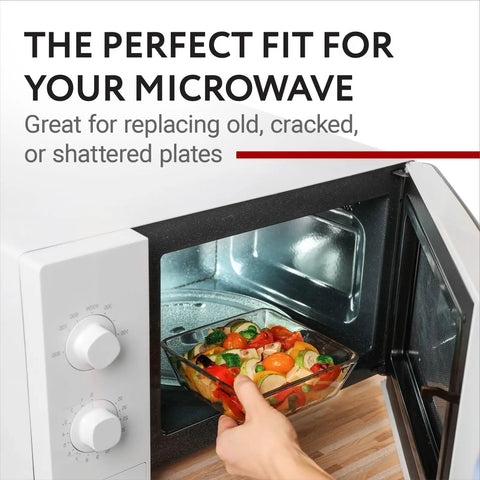 Replacement Microwave Glass Turntable Plate For Panasonic, Kenmore, And Sears, showing microwave interior with glass dish.