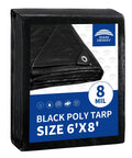 Black Tarp 6x8 Feet, 8 Mil Heavy Duty Waterproof Poly Cover With Metal Grommets And Reinforced Edges Built To Last package