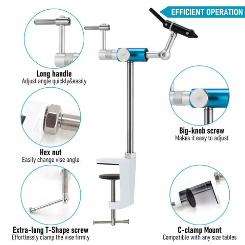 Diagram of Ultra Lightweight Rotary Fly Tying Vise With 360 Degree Rotation Aluminum Alloy Build showing C clamp and adjustment screws.