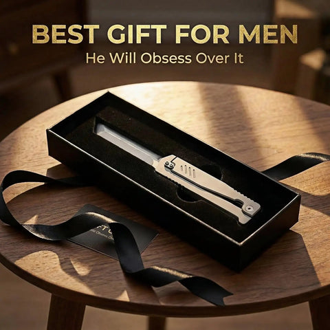 Tactical Folding Knife With Belt Clip in gift box on table, all steel sharp blade, 9 inch survival knife for outdoors, EDC ready.