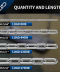 Product chart showing Heavy Duty Stainless Steel Link Chain 304 5/64 Inch Links, 6.5 Foot Overall Length, 80 Lb Working Load Limit