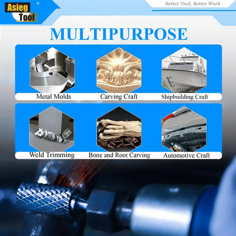 Pro Grade Ten Piece Carbide Burrs Set With One Quarter Inch Shank Double Cut Tungsten Carbide Rotary Files uses