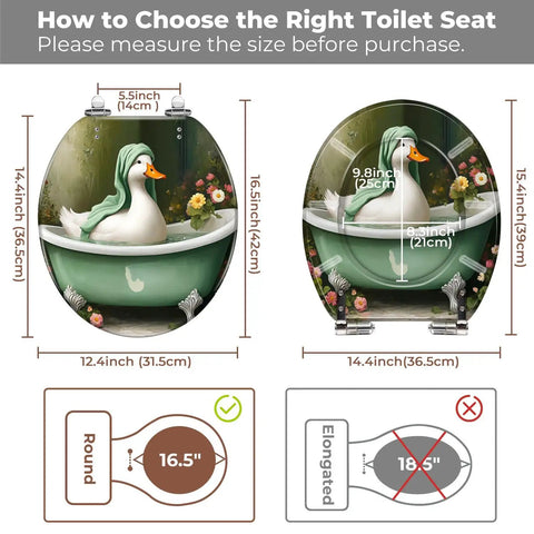 Toilet Seat Resin for Bathroom measuring 12.4x14.4 inches, circular design with a duck and floral pattern.