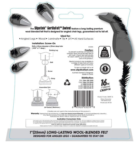 Back packaging of 16 Pack Screw On Chair Levelers with detailed instructions and swivel felt sliders for angled or straight furniture legs.