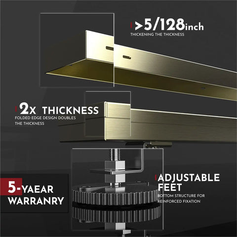12 Inch Linear Shower Drain Kit With Rectangular Floor Drain, Reversible 2 In 1 Cover, Tile Insert, Removable SUS304 Stainless Steel Grate In Brushed Gold, CUPC Certified, Fits Standard US No Hub Drain Bases, Easy Clean showing cross-section with thickness and adjustable feet.