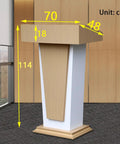 Premium Rolling Lectern And Portable Wooden Mobile Podium Featuring Locking Casters For Rolls Like A Dream, showing dimensions 70x18x114 cm.