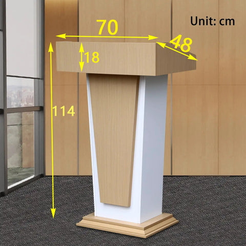 Premium Rolling Lectern And Portable Wooden Mobile Podium Featuring Locking Casters For Rolls Like A Dream, showing dimensions 70x18x114 cm.